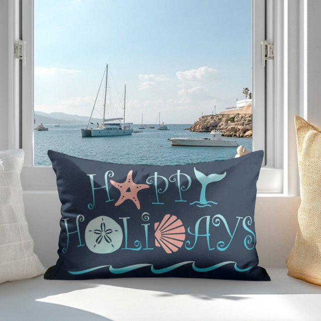 Happy Holidays Beach Decor Whale & Seashell Accent Pillow (Creator Uploaded)