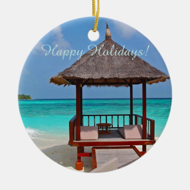 Happy Holidays Beautiful Maldives Islands Ceramic Ornament (Front)