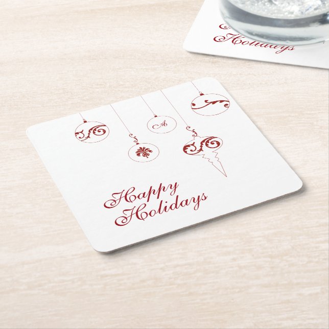 Happy Holidays Berry Red Monogram Bauble Ornaments Square Paper Coaster (Angled)