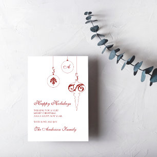  Happy Holidays Berry Red Monogram Bauble Photo Holiday Card