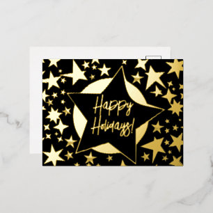 Happy Holidays Black and Gold Stars Christmas Foil Holiday Postcard