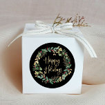 Happy Holidays | Black and Modern Faux Gold Wreath Classic Round Sticker<br><div class="desc">These elegant stickers say "happy holidays" in faux gold,  modern script typography,  with a beautiful red and green watercolor wreath with stylish gold accents on a black background.</div>