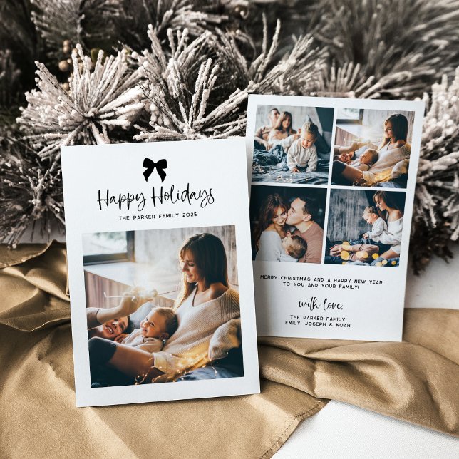 Happy Holidays | Black and White Bow with Photo Holiday Card (Creator Uploaded)