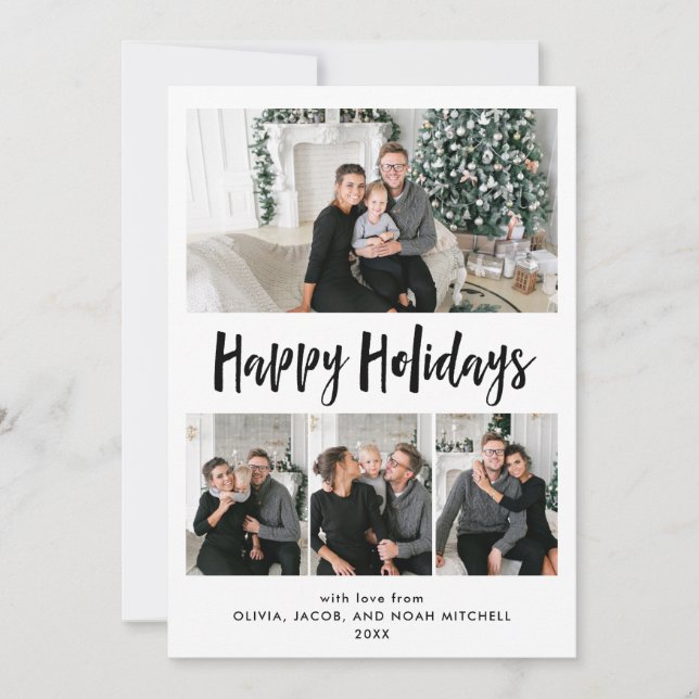 Happy Holidays | Black and White Multi Photo Grid Holiday Card (Front)