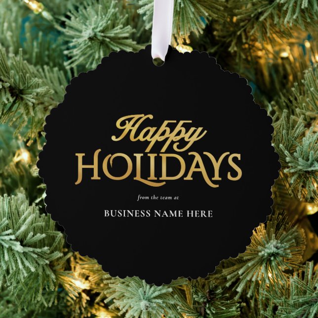 Happy Holidays Black Gold Elegant Modern Business Ornament Card (Insitu (Tree))