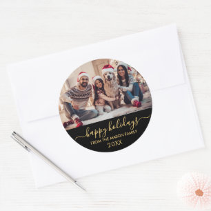  Happy Holidays Black Gold Script Family Photo Classic Round Sticker