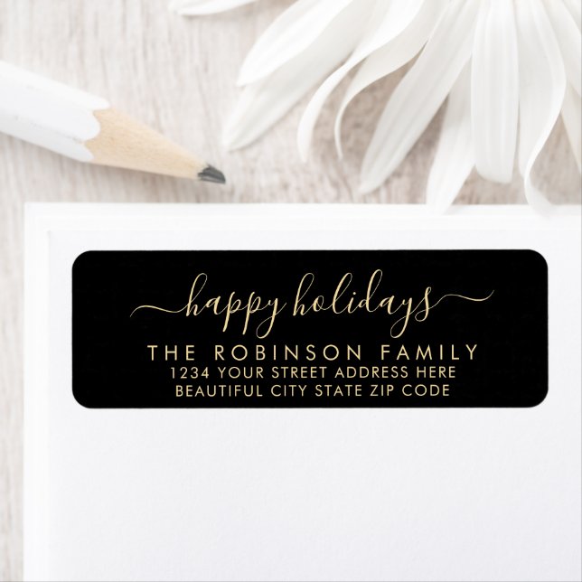 Happy Holidays Black Gold Script Return Address (Insitu)