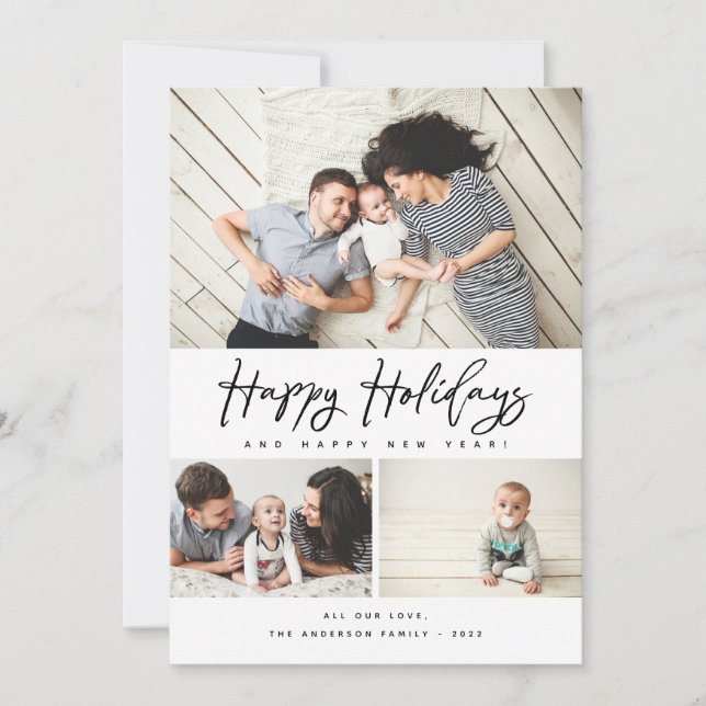 Happy Holidays Black Script 3 Collage Multi-Photo Holiday Card (Front)