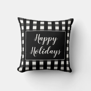 Happy Holidays Black White Plaid Christmas Throw Pillow