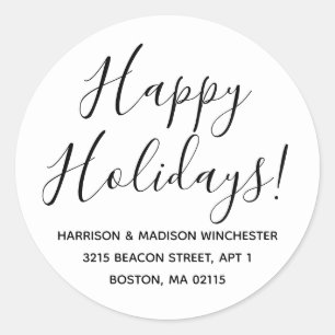 Happy Holidays black white script return address Classic Round Sticker