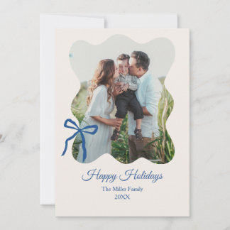 Happy Holidays Blue Bow Coquette 4-Photo Holiday Card