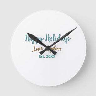 happy holidays blue brown name love christmas styl round clock