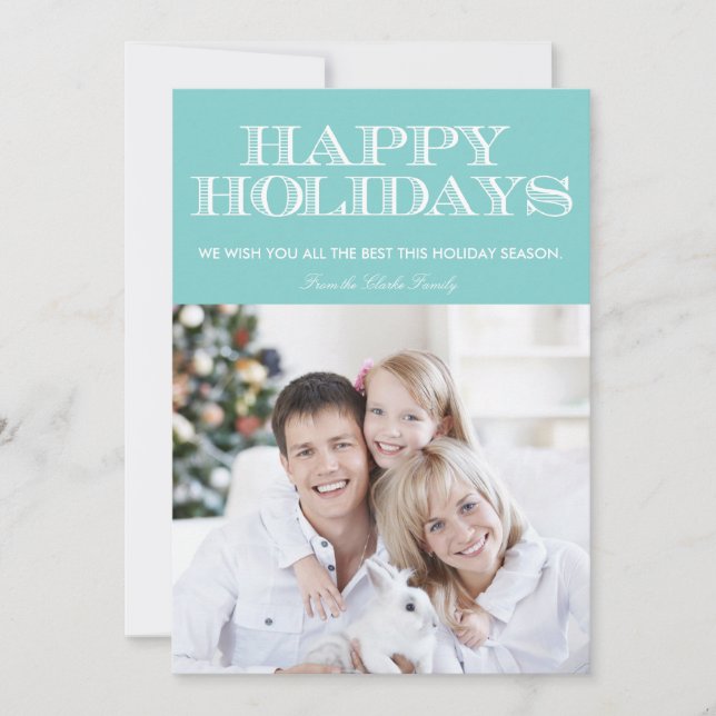 Happy Holidays Blue Chevron Photo Card (Front)