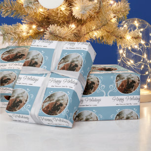 Happy Holidays Blue Foliage Family Photo  Wrapping Paper