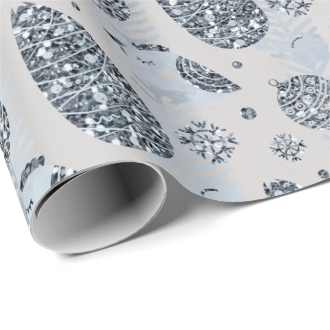 Happy Holidays Blue  Silver Glitter Christmas Ball Wrapping Paper (Roll Corner)