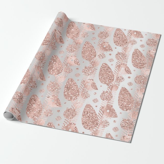 Happy Holidays Blush Grey Glitter Christmas Bird Wrapping Paper (Unrolled)