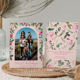Happy Holidays Blush Pink Botanical Arch Photo Holiday Card
