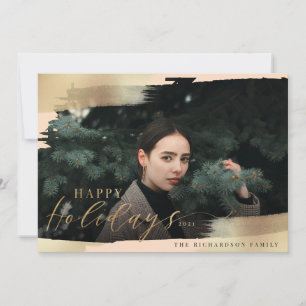 Happy Holidays Blush Pink & Gold Foil Brush Photo Holiday Card