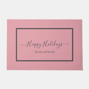 Happy Holidays blush pink script family name   Doormat