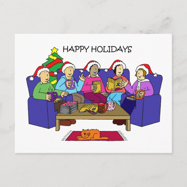Happy Holidays Book Group Cartoon Holiday Postcard (Front)