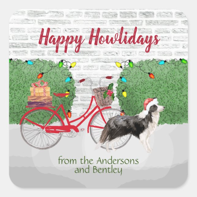 Happy Holidays Border Collie Red Bicycle  Square Sticker (Front)