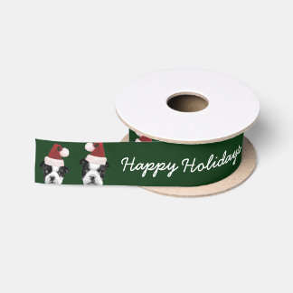 Happy Holidays Boston Terrier 1.5" satin ribbon