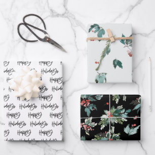Happy Holidays Botanical Berry Pattern Wrapping Paper Sheet