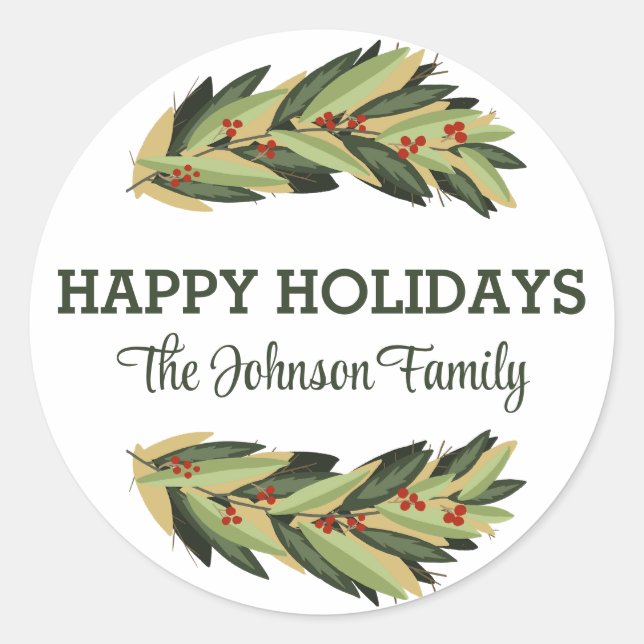 Happy Holidays Botanical Personalized Name Sticker (Front)
