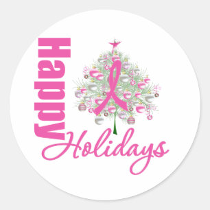 Happy Holidays Breast Cancer Pink Ribbon Classic Round Sticker