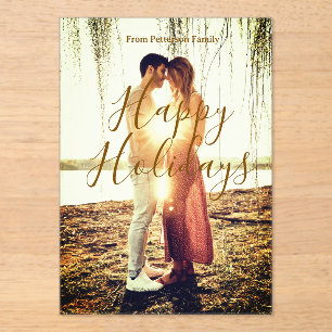 Happy holidays brown add couple photo name date mo acrylic invitations