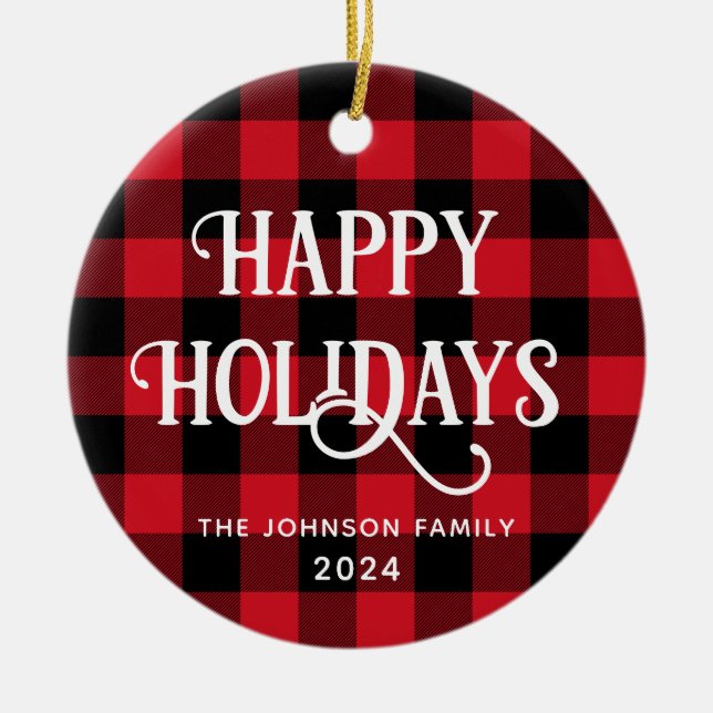 Happy Holidays Buffalo Check Family Photo Ceramic Ornament (Front)