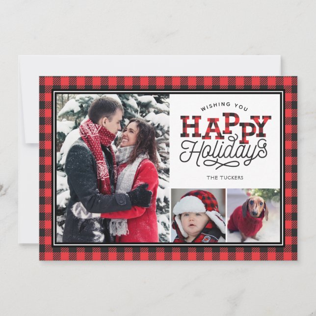 Happy Holidays Buffalo Plaid Border 3-Photo Holiday Card (Front)