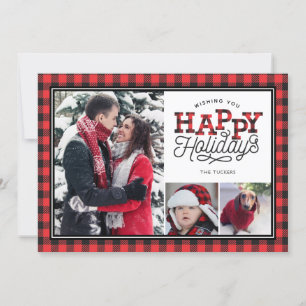 Happy Holidays Buffalo Plaid Border 3-Photo Holiday Card