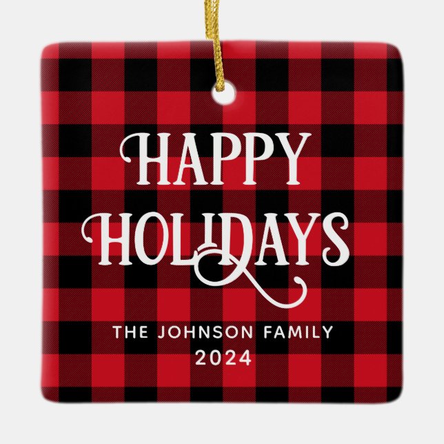Happy Holidays Buffalo Plaid Family Photo Ceramic Ornament (Front)