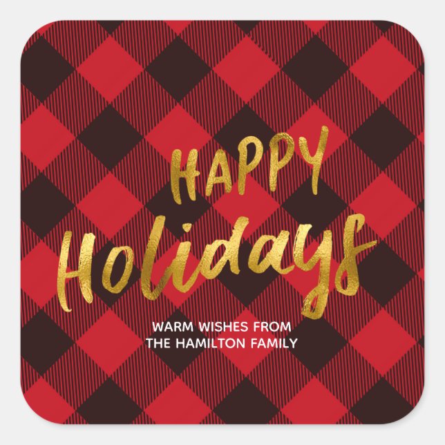 Happy Holidays Buffalo Red Plaid and Gold Foil Square Sticker (Front)
