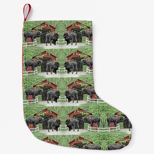 Happy Holidays Bull Bison At The Covered Bridge Small Christmas Stocking (Front)