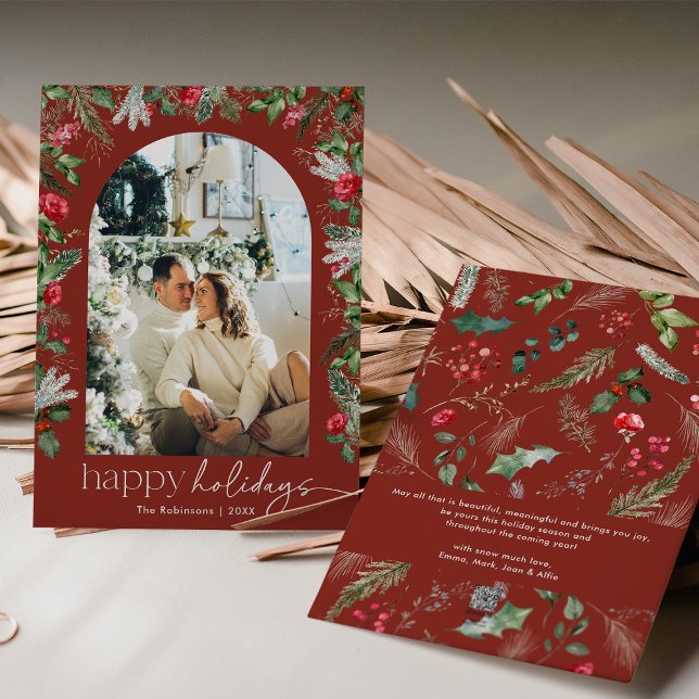 Happy Holidays Burgundy Botanical Arch Rustic Holiday Card (Creator Uploaded)