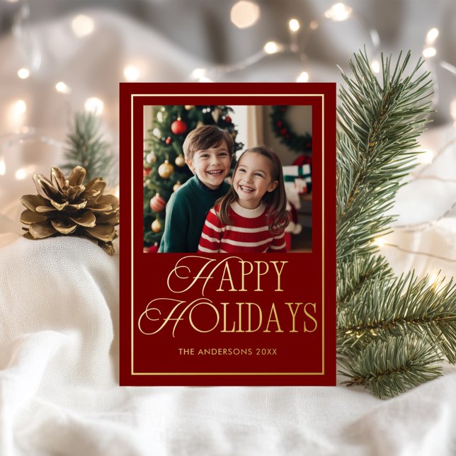 Happy Holidays Burgundy Photo Foil Holiday Card (Creator Uploaded)