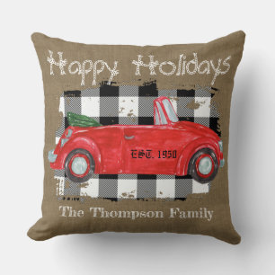 Happy Holidays burlap retro red truck scottish Throw Pillow
