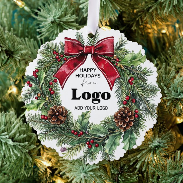 Happy Holidays Business Logo Bulk Budget Custumer Ornament Card (Insitu (Tree))