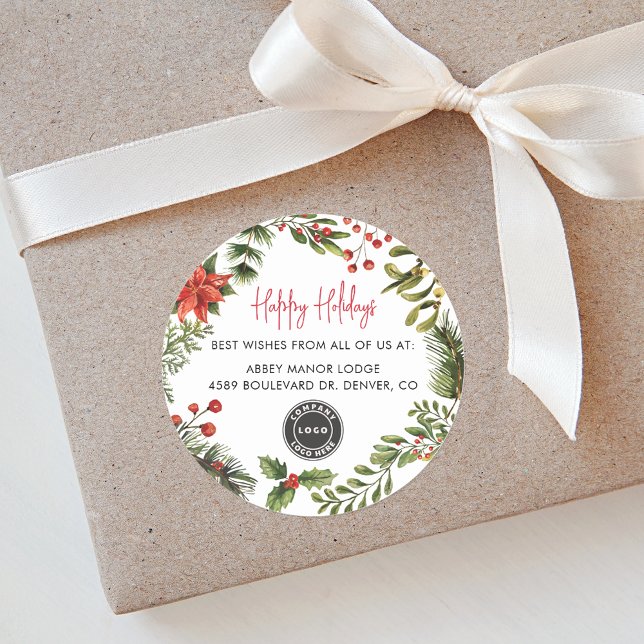 Happy Holidays Business Logo Christmas Classic Round Sticker (Botanical Red Berries Business Logo Happy Holidays Christmas Round Sticker)