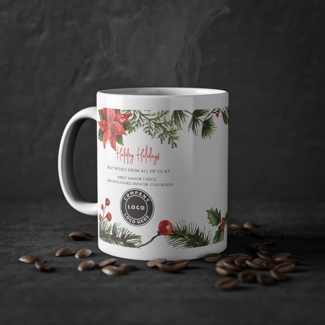 Happy Holidays Business Logo Employees Christmas Coffee Mug (Business Logo and Corporate Botanical Script Typography 11oz Coffee Mug)