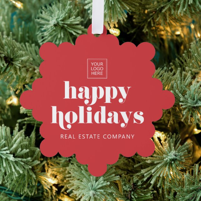 Happy Holidays Business Logo Modern Simple  Ornament Card (Insitu (Tree))