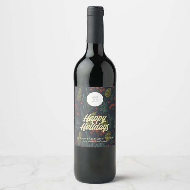 Happy Holidays Business Winter Botanical  Wine Label (Front)