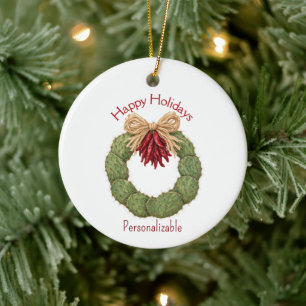 Happy Holidays Cactus Peppers Natural Wreath Ceramic Ornament