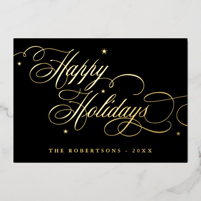 Happy Holidays Calligraphy Photo Family Name card (Front)