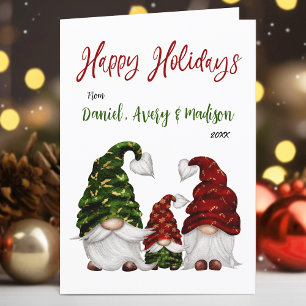 Happy Holidays Calligraphy Rustic Gnome Family Holiday Card