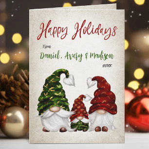 Happy Holidays Calligraphy Rustic Gnome Family Holiday Card