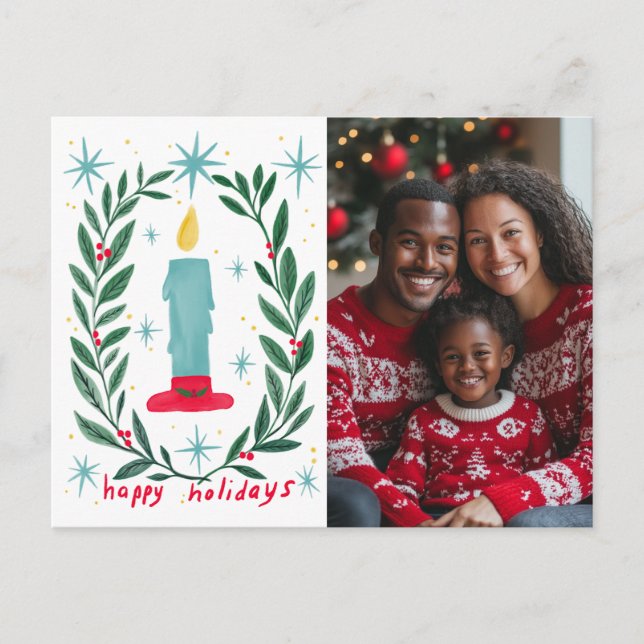 Happy Holidays Candle Hand Drawn CUSTOM PHOTO  Holiday Postcard (Front)