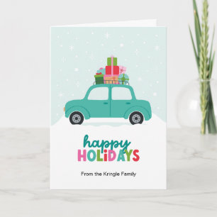 Happy Holidays Car with Gifts in Aqua Blue Holiday Card
